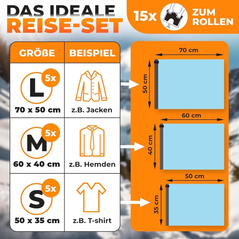 PACKDUDE Utazási Vákuumzsák Szett 15 db - 3 Méretben, Szelep Nélküli Ruhakompressziós Táskák Görgethető Kivitelben, Átlátszó