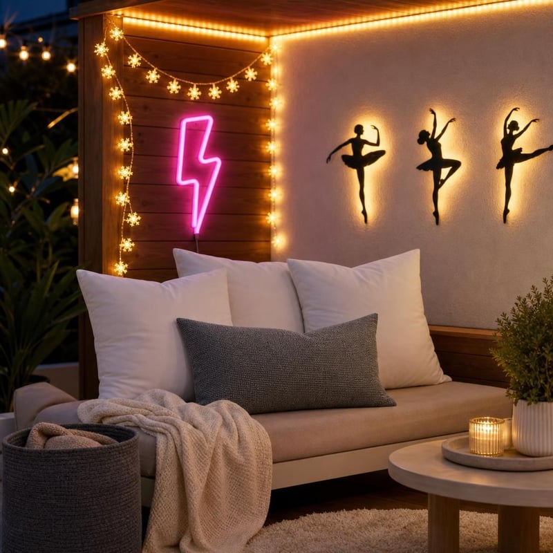 Fényes kuckó világítás: neonlámpa + 5 m LED-szalag + LED-füzér + 3 db párnahuzat + 3 db fali dekor