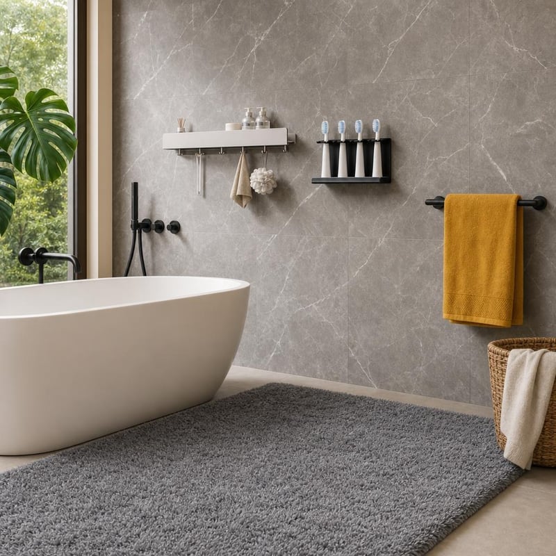 Set renovare baie: 4 suporturi periuțe + raft 50cm, 5 cârlige + 24 autocolante + suport 40cm + covor 200×300