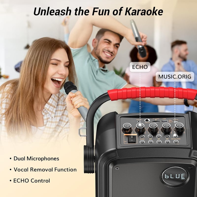 TONOR K7 Hordozható Bluetooth Karaoke Hangszóró 2 Vezeték Nélküli Mikrofonnal - Parti Hangrendszer USB/TF/AUX Csatlakozással, 9 Órás Üzemidő