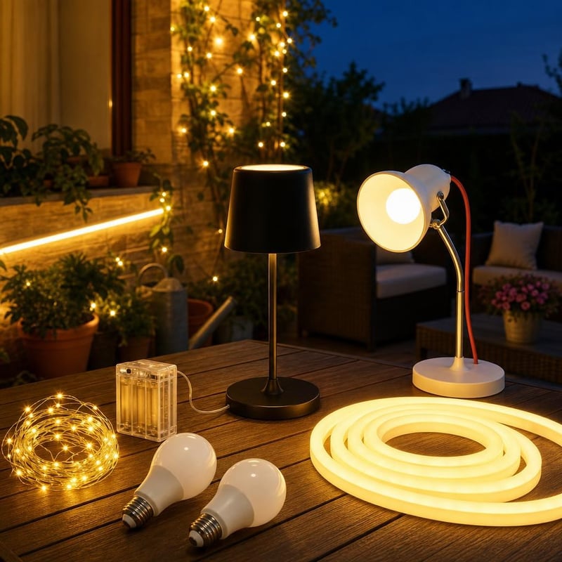 Pachet Iluminat Terasă: 30 LED-uri + 2m bandă LED + lampă USB + 2 becuri E27