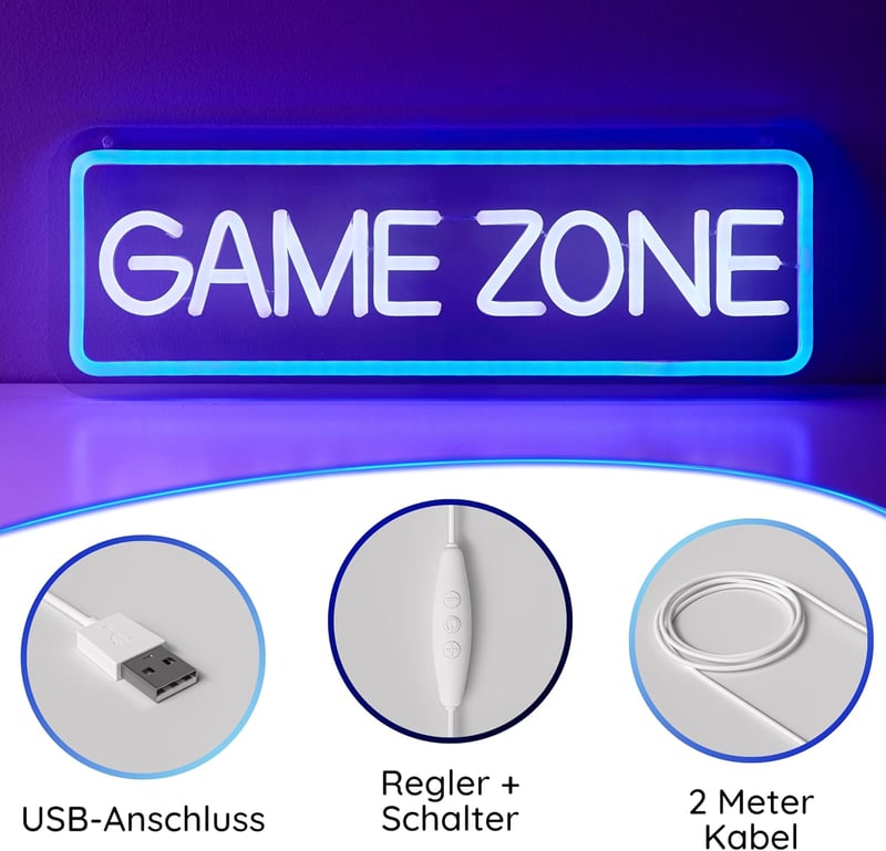 NELUX Game Zone Neon LED Világító Dekoráció - USB Csatlakozós Fali Lámpa Fényerőszabályzóval Gamer Szobába, Játékterembe