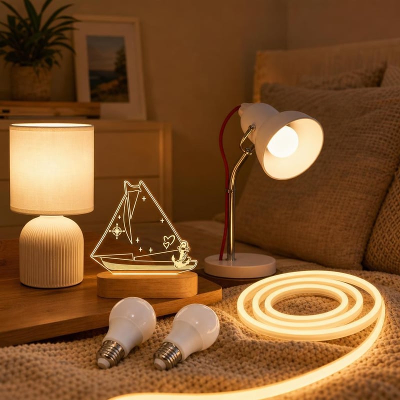 Hálószobai lámpavarázs: éjjeli lámpa + 2 m LED-szalag + asztali lámpa + LED izzó