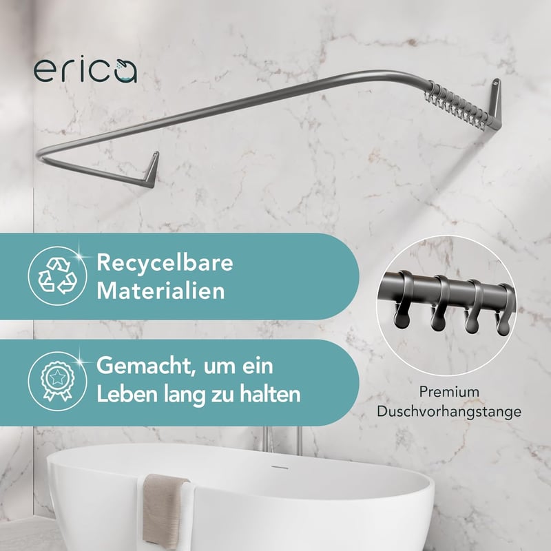 Erica U-alakú zuhanyfüggöny rúd 70x165x70 cm - Falra szerelhető, PVC bevonatú, rozsdamentes acél, fürdőszobai kiegészítő
