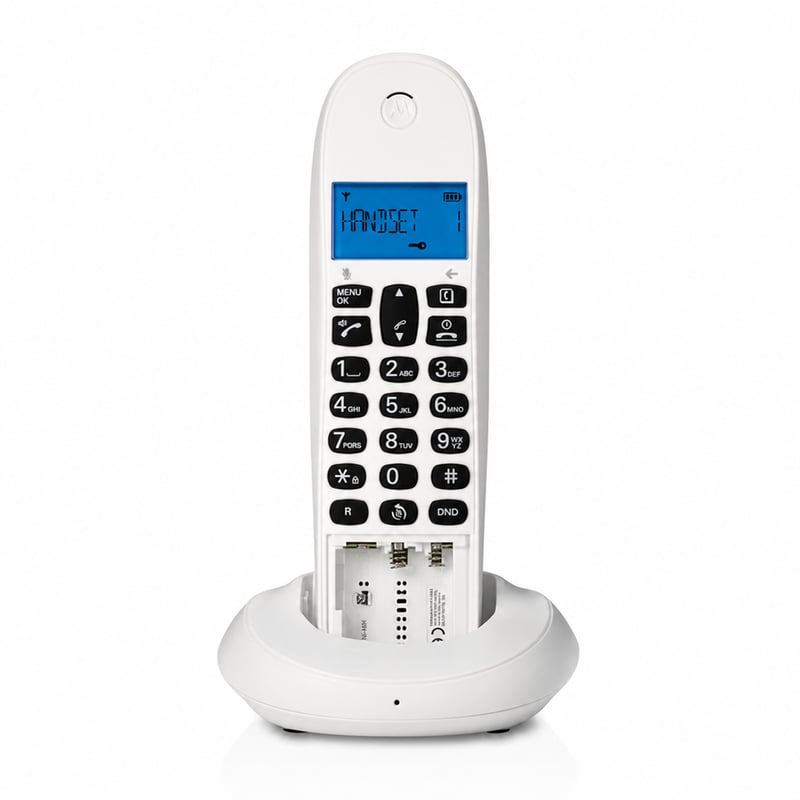 Bezdrôtový telefón Motorola C1001CBW+ DECT biely, blokovanie hovorov — Telefónu chýba zadný kryt (stav: pozri 2. obrázok)