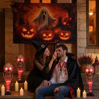 Set decor Halloween: banner ușă + 3 cranii + 60ml sânge artificial + 6 lumânări LED 1