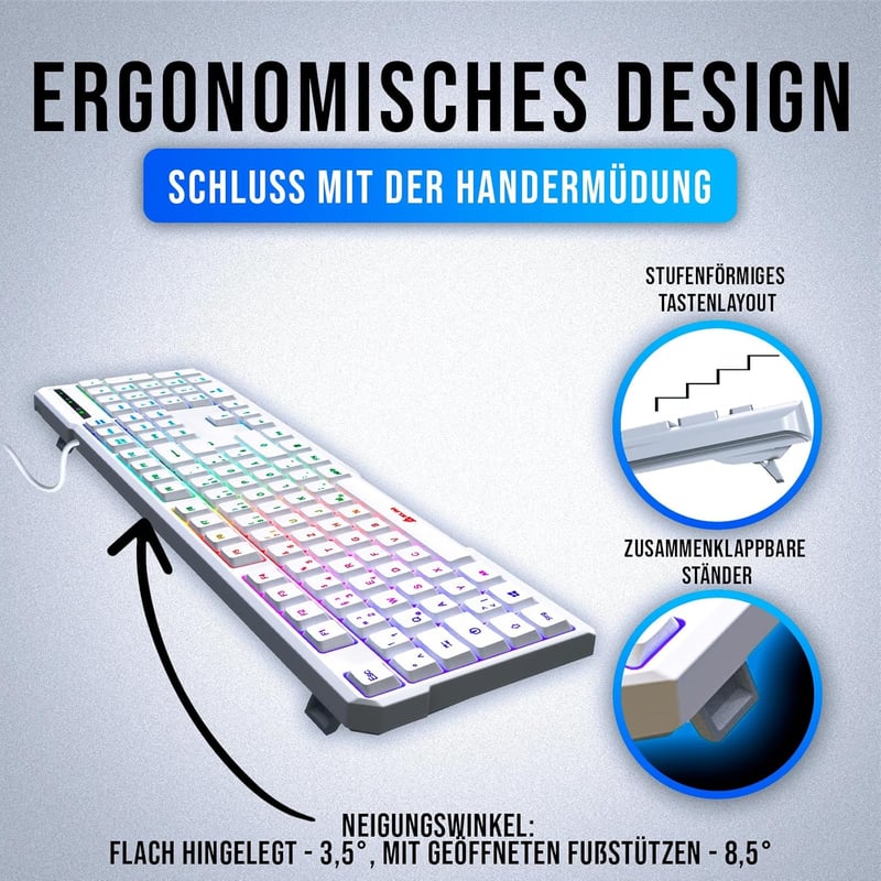 KLIM Chroma RGB Gamer Billentyűzet - Német QWERTZ, Fehér, Vízálló, Csendes Billentyűk, Tartós, Ergonomikus, USB Kábeles - PC, Mac, PS4, PS5 
