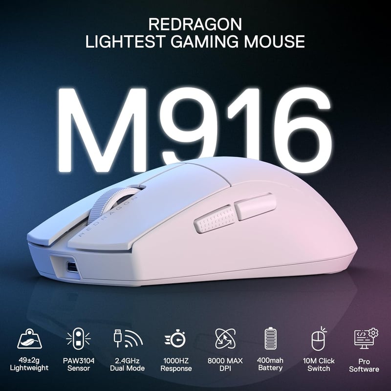 Redragon M916 Vezeték Nélküli Gamer Egér, 49g Ultrakönnyű, 8000 DPI, Ergonomikus Kialakítás, Programozható Gombok, Redragon M916 Vezeték Nélküli Gamer Egér, 49g Ultrakönnyű, 8000 DPI, Ergonomikus Kialakítás, Programozható Gombok, Fehér