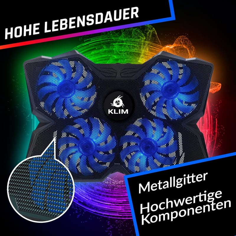 KLIM Wind Laptop Hűtő - RGB Világítás - 4 Ventilátor - USB Tápellátás - Stabil és Csendes - PC, Mac, PS4 Kompatibilis - 11-17 Colos Laptopok