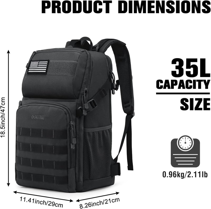 G4Free 35L Taktikai Hátizsák - Fekete Katonai Stílusú Túrazsák MOLLE Rendszerrel - Vízálló Poliészter Túra, Kemping, Vadászat és Outdoor Tev