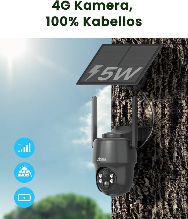 ANRAN G1 2K Kültéri Biztonsági Kamera SIM Kártyával és Napelemmel - 360° Forgatható, Akkumulátoros, Éjjellátó, Mozgásérzékelős + 32GB SD 