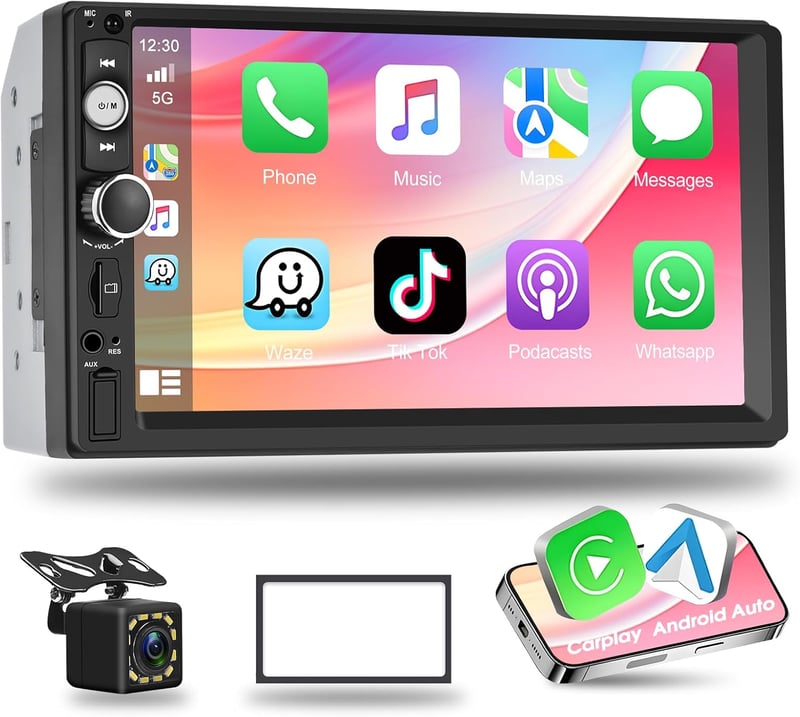 Podofo 2DIN Autórádió 7" Érintőképernyővel - CarPlay és Android Kompatibilis, Bluetooth, Tolatókamera, Kormányvezérlés, FM, USB, Színes Vilá