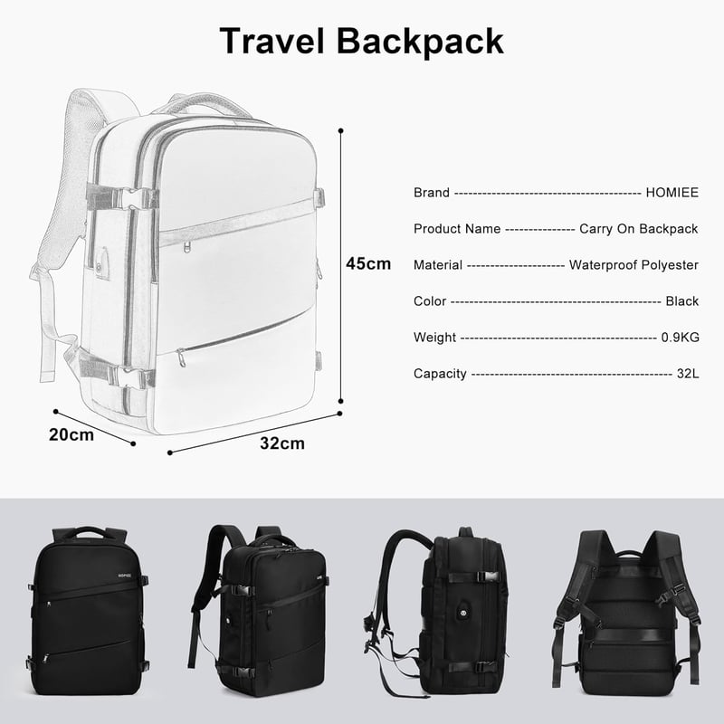 HOMIEE 32L vízálló utazó hátizsák USB töltőporttal, 15,6" laptoptartóval