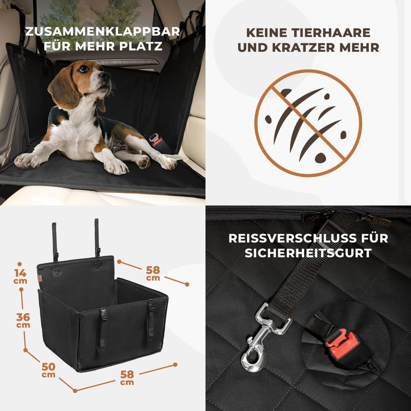 WUGLO Extra Stabil Kutya Autóülés - Vízálló Autós Ülés Kis és Közepes Kutyáknak 4 Rögzítő Hevederrel - M Méret Fekete