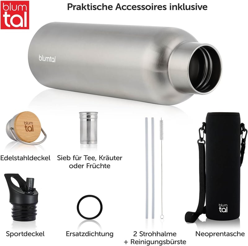 Blumtal Termosz 750ml - Dupla Falú Rozsdamentes Acél Kulacs Teaszűrővel és Sportfedéllel - Hőszigetelt BPA-mentes Ivópalack Hordtáskával