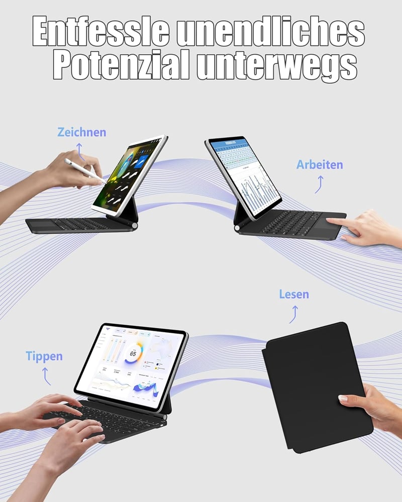 Nuflaz iPad 10 (2022) & iPad 11 A16 (2025) Billentyűzetes Tok - QWERTZ Német Kiosztás, Mágneses Lebegő Dizájn, Érintőpad, RGB Háttérvilágítá