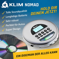 KLIM Nomad Hordozható CD Lejátszó Bluetooth - Hosszú Üzemidejű Discman Fülhallgatóval, CD-R/RW, MP3, TF Kártyaolvasó, FM Rádió - Autóba Ideá 2