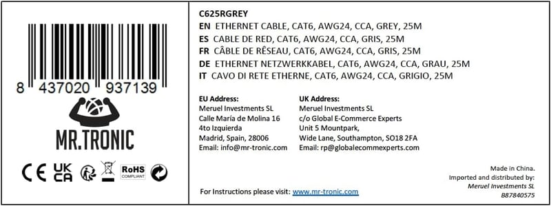 Mr. Tronic 25m Cat6 Ethernet kábel, gyors internet, szürke, UTP CCA, 1Gbps