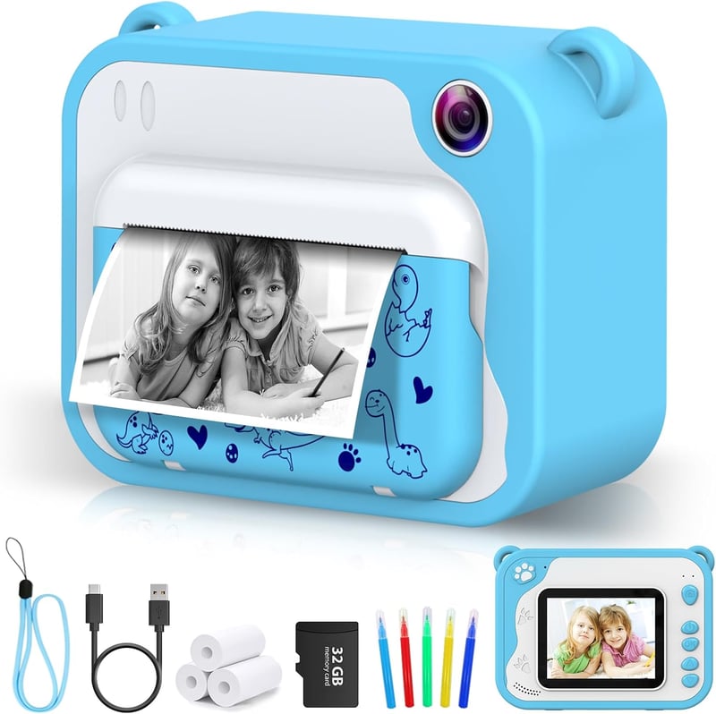 Ukuu 2,4" Gyerek Polaroid Kamera, 32GB, Nyomtatópapírral, Kék - Karácsonyi Ajándék