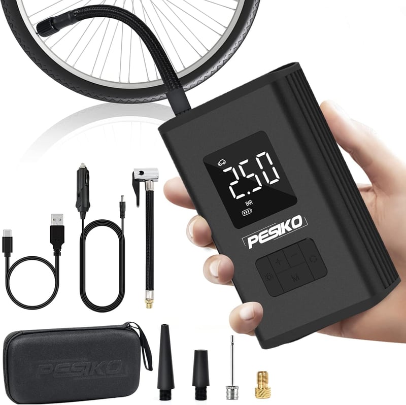 PESIKO Elektromos Kerékpár Pumpa 6000 mAh - Hordozható Digitális LCD Kijelzővel, LED Lámpával, Újratölthető Akkumulátorral, Powerbank Funkci