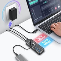 RSHTECH USB C 3.2 Hub 7 Portos Aktív Tápegységgel, 10 Gbps Adatátvitel, 3x Type-C + 4x USB 3.0 Port, Érintős Kapcsoló, 100cm Kábel 3