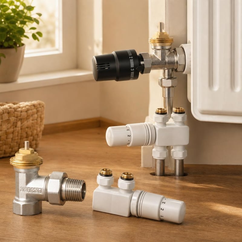 Radiátorový set: 1× G1/2 ventil + 1× M30×1,5 hlavica + 1× G1/2 rohový blok