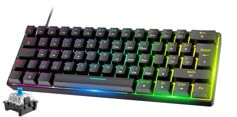 Kompakt 60% RGB Gamer Billentyűzet, Kék Kapcsolós, 62 Gombos, USB-C, Kék
