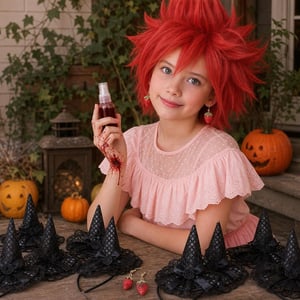 Halloween cosplay set: 1x naušnice jagode + 1x crvena perika + 60ml umjetna krv + 10x čarobnjački šešir