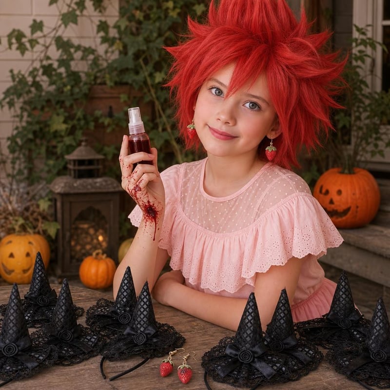 Cosplay Halloween: eper fülbevaló + rövid vörös paróka + 60 ml művérspray + 10 db fekete varázslókalap