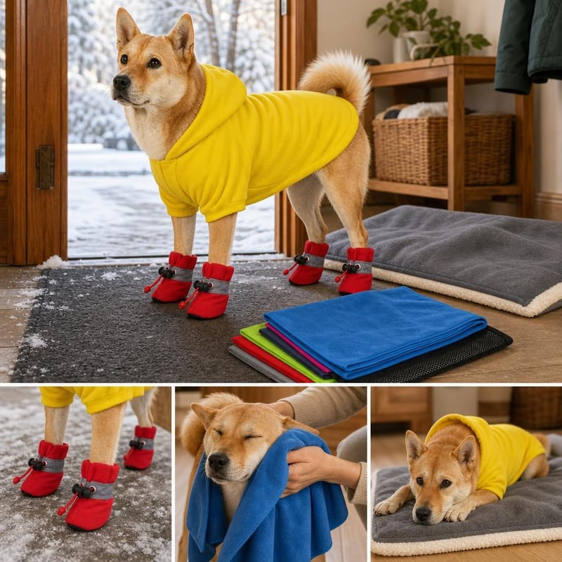 Téli kutyaséta mentőcsomag: fleece kutyapulóver + 4 db kutyacipő + mikroszálas törölköző + önmelegítő takaró