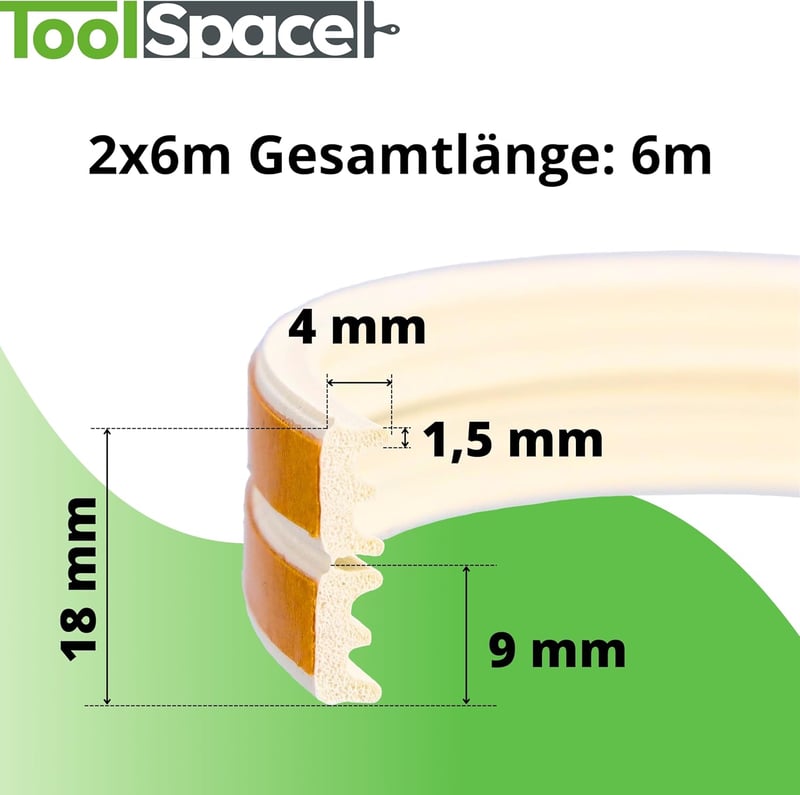 ToolSpace Öntapadós Ajtó- és Ablakszigetelő Szalag, 6m, E-Profil, Fehér, Gumi Tömítés, Por- és Rovarvédelem, Energiatakarékos, Bel- és Külté