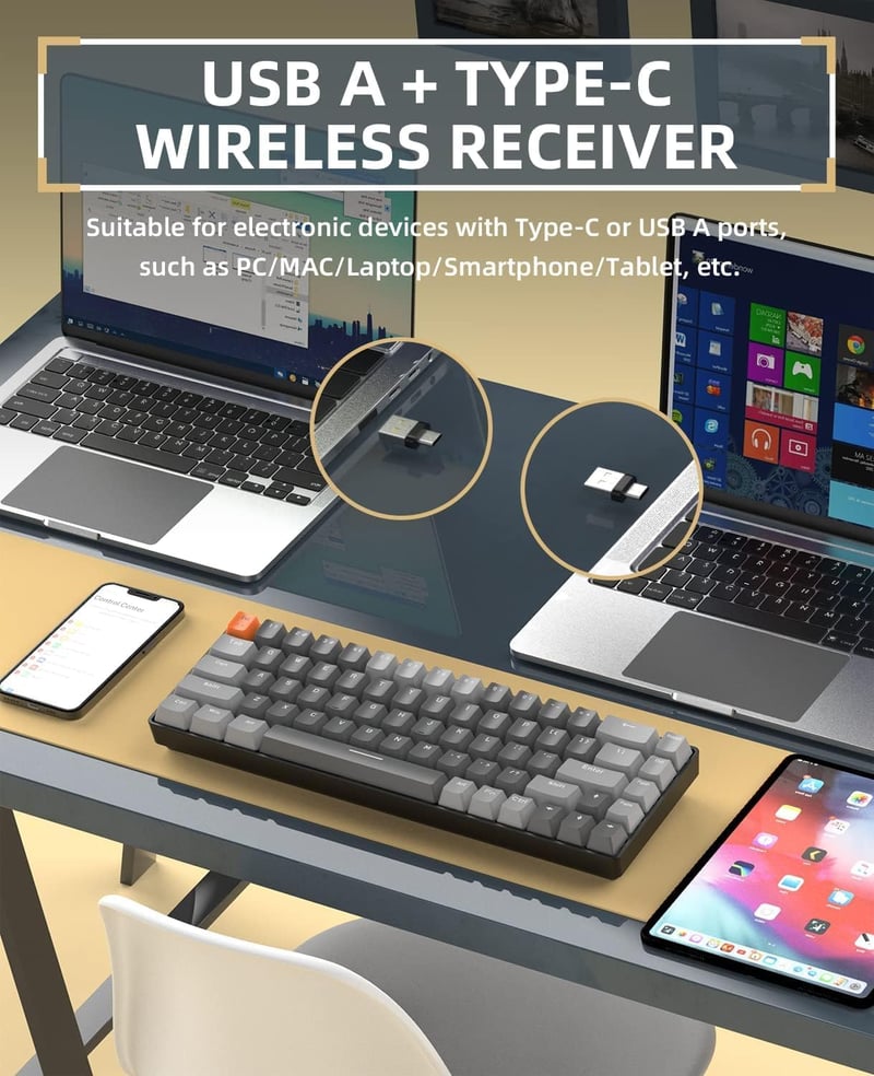 YINDIAO K68 Wireless Mechanikus Gaming Billentyűzet 68 Gomb Bluetooth 2.4GHz Szürke