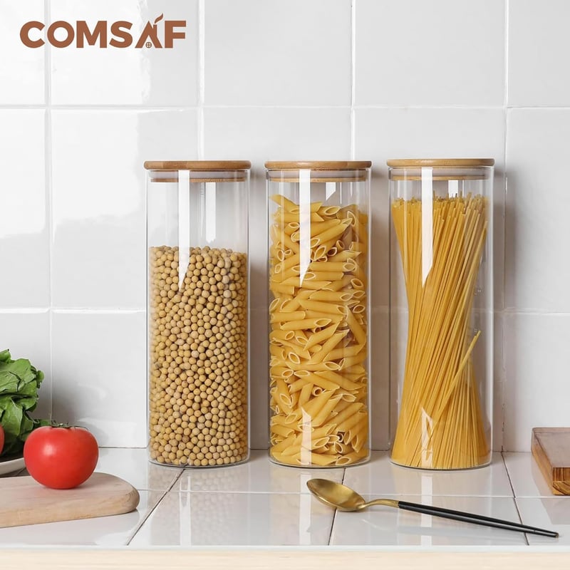Comsaf 2200ml-es légmentes kerek üveg tárolóedény szett, 3 db-os