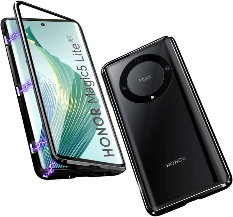 Honor Magic 5 Lite mágneses tok - 360°-os védelem, alumínium keret, edzett üveg, fekete