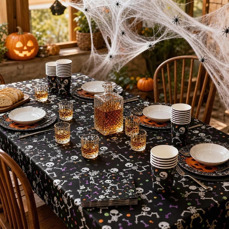Halloweensky set: 6x pohár + 6x prestieranie + 97-dielna súprava + pavučina + 24x umelý pavúk