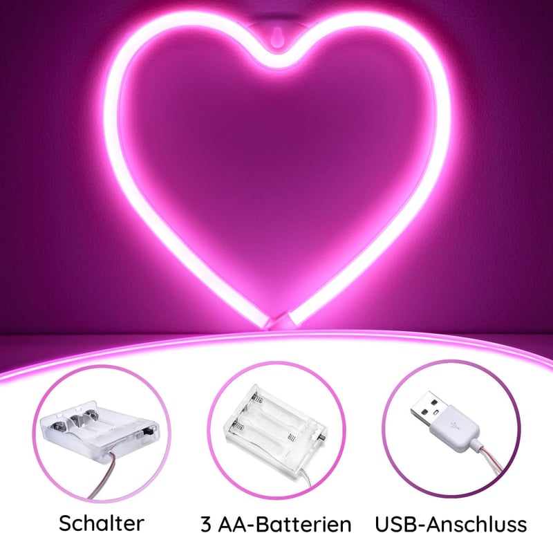 NELUX Szív és Love LED Neon Fali Dekoráció Szett - USB/Elemes Működés, Hálószobába, Valentin-napi Ajándék, Szilikon Anyag, 30.000 Órás Élett