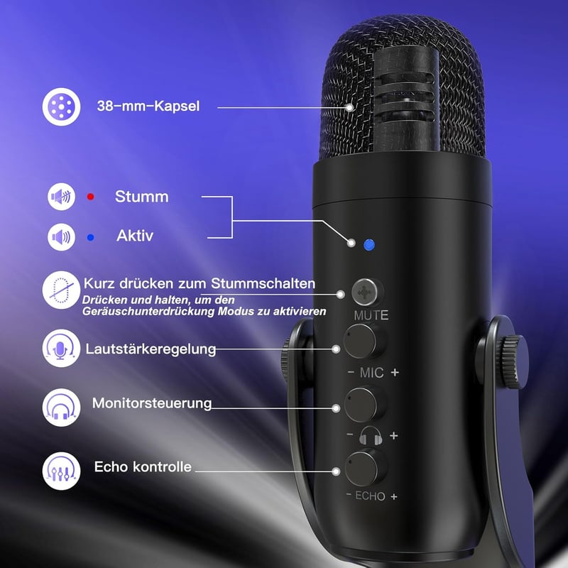 ZealSound K66 USB-C Kondenzátor Mikrofon PC, Telefon, PS4/PS5 Eszközökhöz - Játék, Podcast, Streaming, ASMR Felvételekhez, Némítás/Erősítés/
