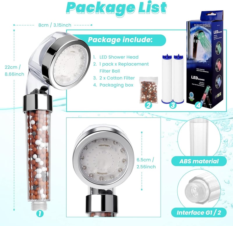 LED-es víztakarékos zuhanyfej, 2 szűrőmód, 3 színváltozat, univerzális méret