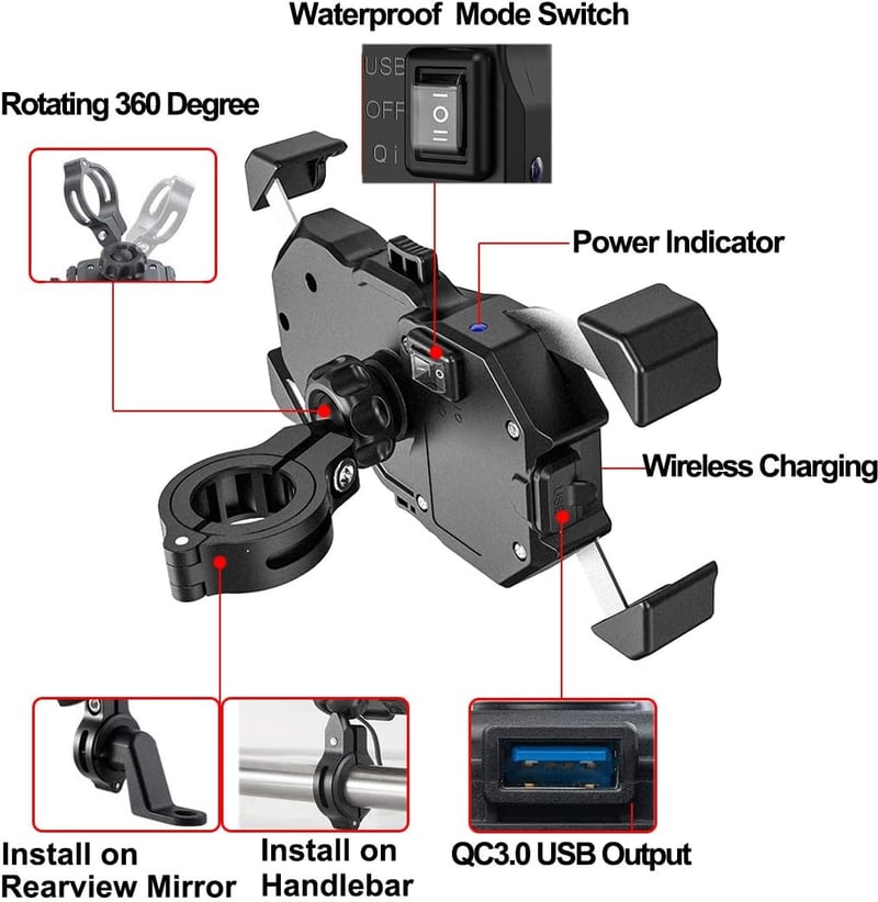 iMESTOU 15W Qi vezeték nélküli telefontartó motorkerékpárra, USB gyorstöltővel, 3,5-6,8" telefonokhoz