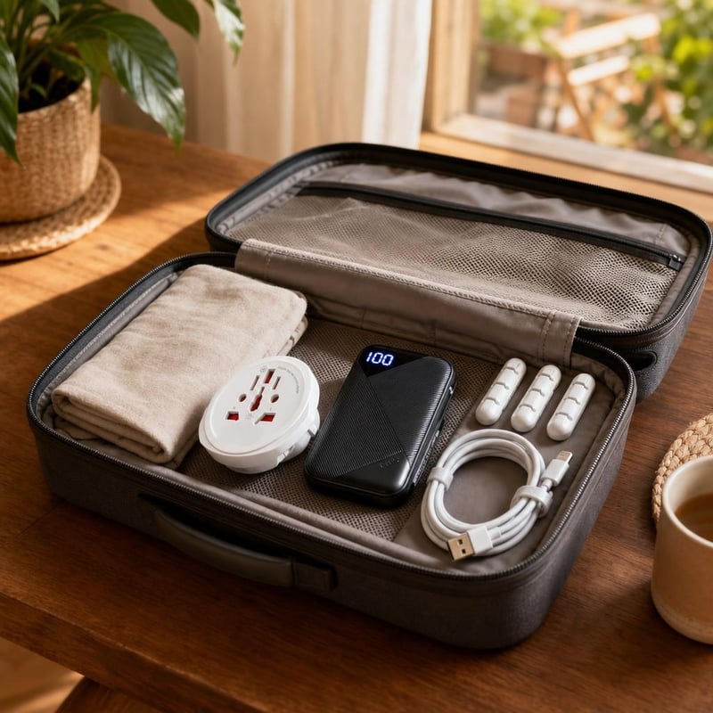 Putni set za punjenje: adapter + 10000 mAh powerbank + Lightning kabel + 3x organizator kabela
