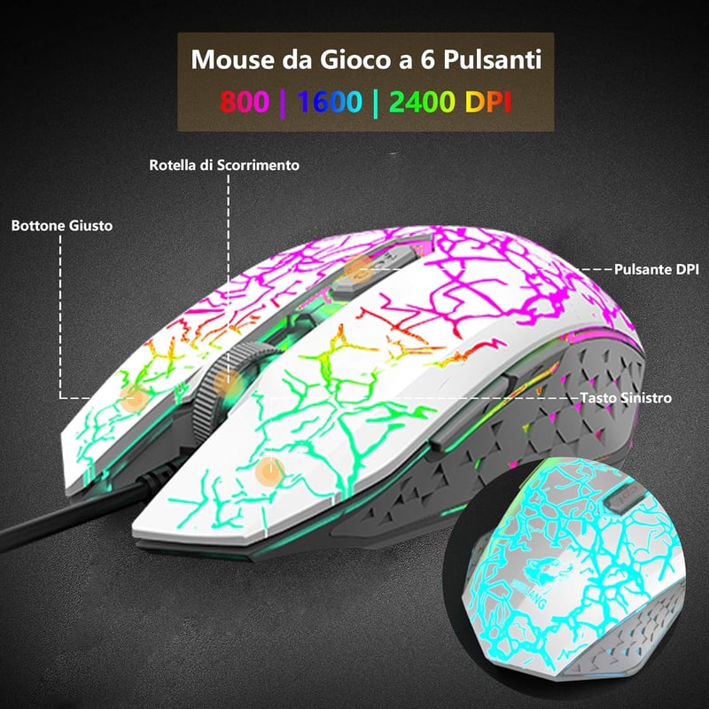 ZIYOU LANG Gamer Billentyűzet és Egér Szett - Fehér, RGB LED Háttérvilágítás, 2400 DPI, Vízálló, 6 Gombos Egér, Egérpad, USB, PS4/Xbox Kompa