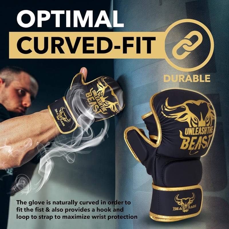 BEAST RAGE MMA Kesztyű Nyitott Tenyérrel - Állítható Csuklótámasz, Unisex Küzdősport Kesztyű Muay Thai, Kickbox, Taekwondo Edzéshez - S/M, P