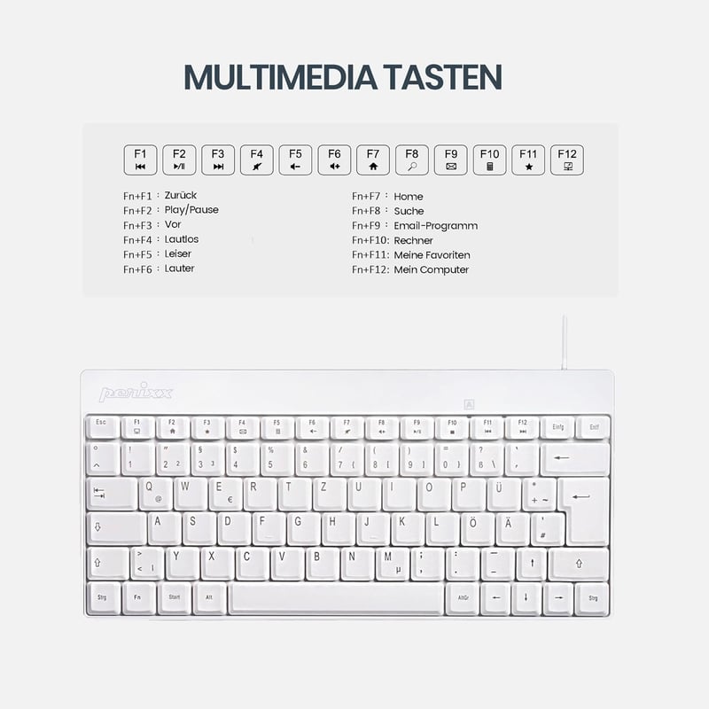 Perixx PERIDUO-212 Kompakt Mini Billentyűzet és Egér Szett, USB Kábeles, Német Kiosztás, Fehér, 1000 DPI, Windows Kompatibilis