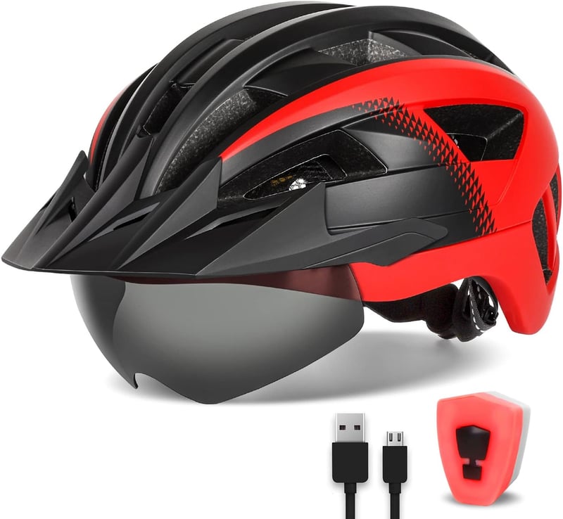 FUNWICT kerékpáros sisak napellenzővel, LED világítással és mágneses szemüvegtartóval - M: 54-58 cm, black red