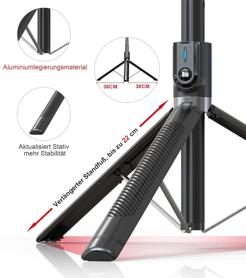 ASHINER 180cm-es LED fényes szelfibot állvánnyal, iPhone és Android kompatibilis
