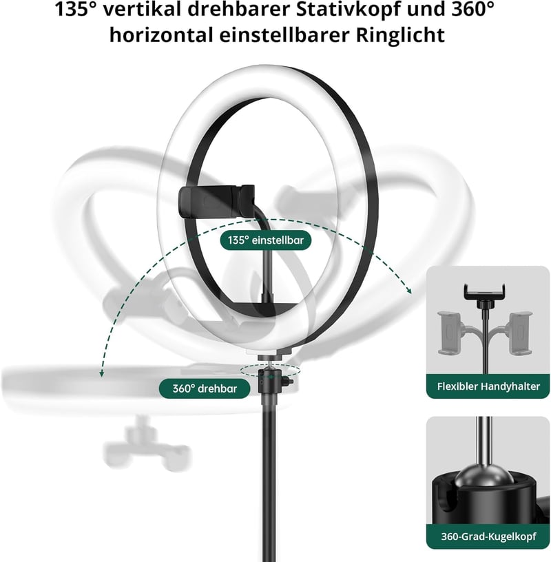 ATUMTEK 10 hüvelykes LED körfény állvánnyal és telefontartóval, Bluetooth távirányítóval, TikTok és YouTube videókhoz