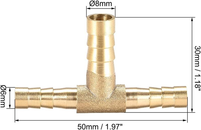 Sárgaréz T-alakú szűkítő csatlakozó, 6x8x6 mm, 2 db - Sourcing Map