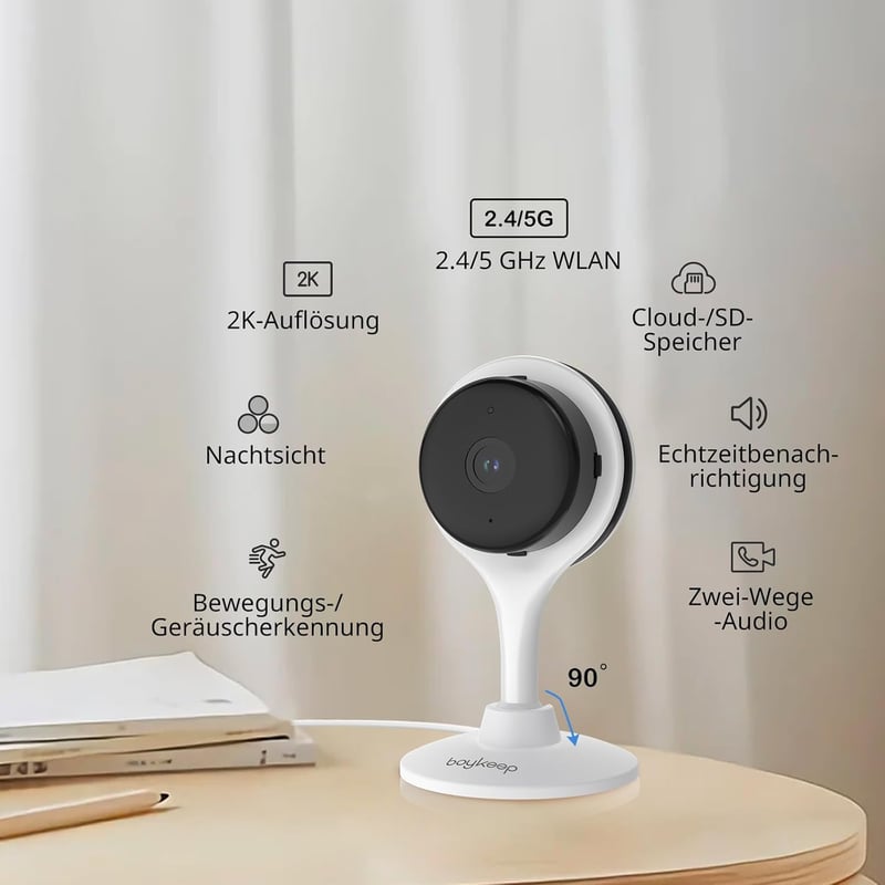 BoyKeep K10 Beltéri WiFi Kamera 2K Felbontással - 5G/2.4GHz Bébiőr Éjjellátóval, Mozgás/Hang Érzékelővel és Kétirányú Hanggal, SD és Felhő T