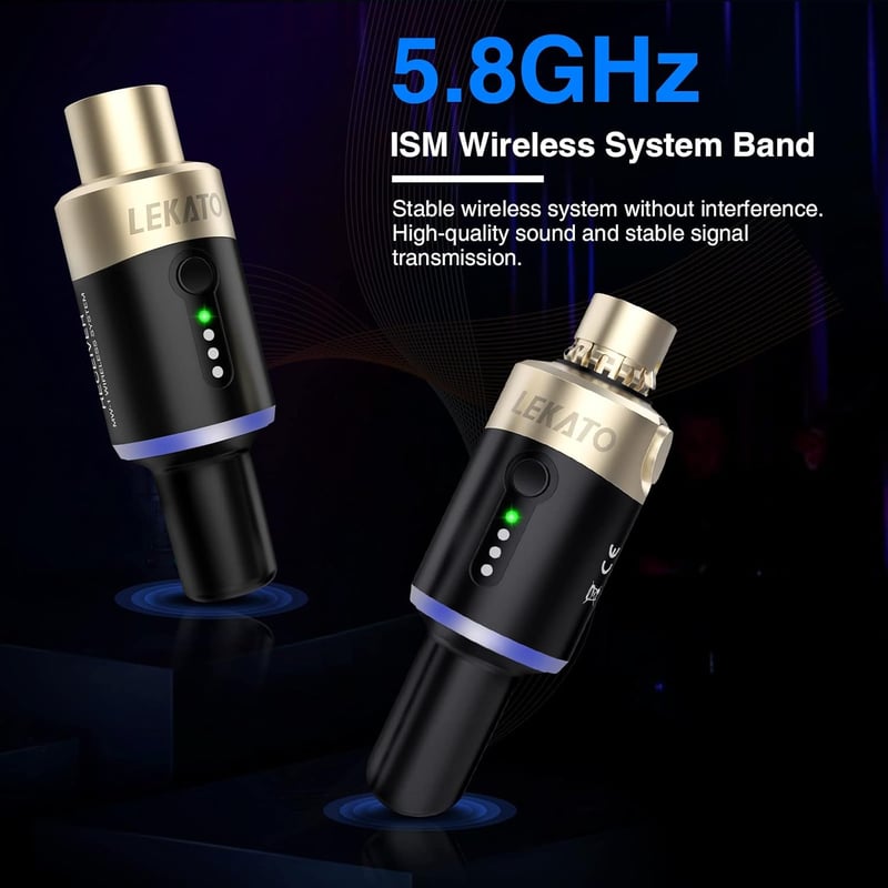 LEKATO 5.8 GHz Vezeték Nélküli XLR Mikrofon Rendszer - Dinamikus Mikrofonhoz, Keverőhöz, DSLR Kamerához, Hangosításhoz - 4 Csatornás