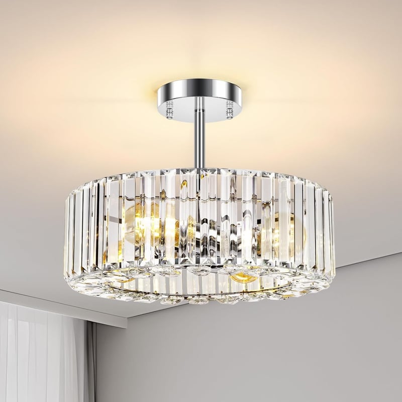 FRIDEKO HOME Modern Kristály Mennyezeti Lámpa - Króm, 4 Izzós, Kerek Csillár, 37 cm Átmérő, E27 Foglalattal Hálószobába, Nappaliba, Konyhába